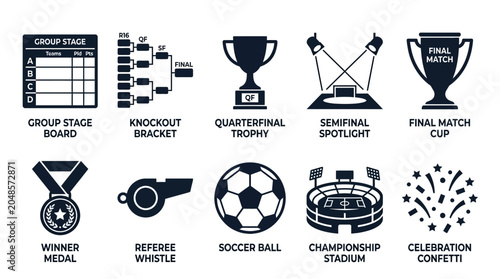 Geometric flat silhouette icon set of football tournament stages, group stage board, knockout bracket, quarterfinal trophy, semifinal spotlight, final match cup, winner medal, referee whistle, soccer 