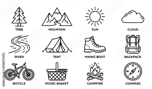 Everyday Life in Nature Icons Set – Minimal Outdoor Activity and Nature Elements Outline Vector Illustration