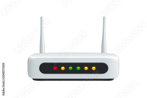 A white wireless router with multiple antennae and indicator lights on a plain background