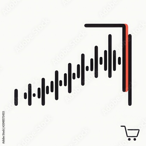 Minimalist business graphic showing rising market trends with black vertical bars and red accent line representing ecommerce performance next to small shopping cart icon illustration.