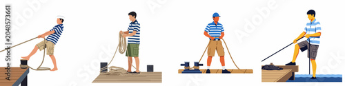 Canvastavla Set of flat vector illustrations depicting men in nautical attire working with ropes on wooden docks, including mooring and coiling activities
