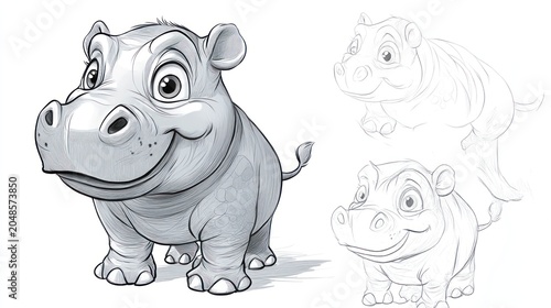 Cartoon hippo character with shading, plus two sketch versions, on a white background