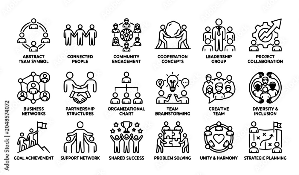 Obraz premium Creative Teamwork Icons Set with Collaboration Network and Leadership Vector Symbols