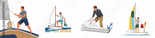 Obraz na płótnie Vector illustrations set of men engaged in various sailing activities, including pulling ropes, fishing, and preparing sails, isolated on a white background