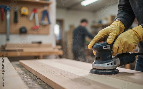 A person wearing yellow protective gloves uses a handheld electric sander on a wooden board inside a workshop with tools hanging on the wall isolated on a transparent background