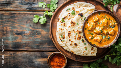 Indian butter chicken curry with naan bread on a rustic wooden table