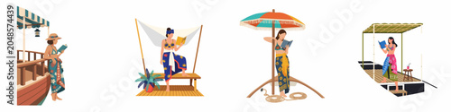 Foto Collection of women in swimsuits and sarongs reading books in various tropical settings like boats, beaches, and docks on white background