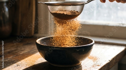 Sifting fine cinnamon powder into a dark ceramic bowl, creating a warm and inviting culinary scene