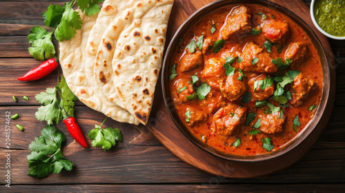 Delicious indian mutton curry served with naan bread and green chutney