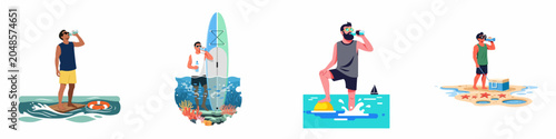 Bild auf Leinwand Vector illustration set of men drinking water and staying hydrated during summer vacation activities like surfing, paddleboarding, and relaxing on the beach