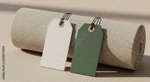 Rolled yoga mat with blank tags wellness and fitness concept