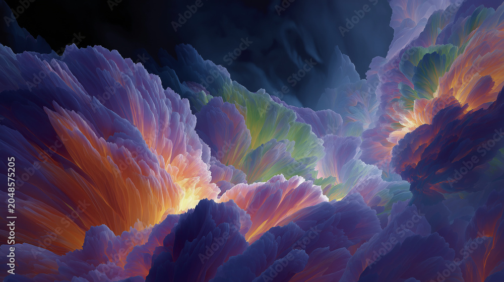 Obraz premium Cosmic Abstract: An abstract visualization resembling celestial clouds, painted with vibrant hues of purple, orange, and green, evokes a sense of cosmic wonder and ethereal beauty.