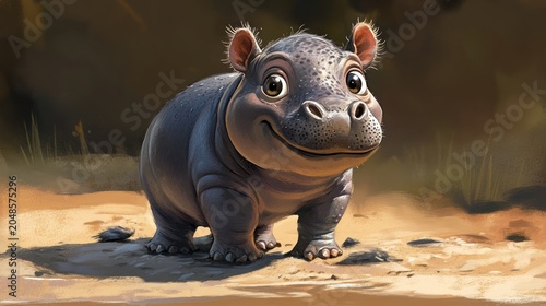 An adorable, cartoon-like baby hippopotamus stands on sandy ground with a blurry background