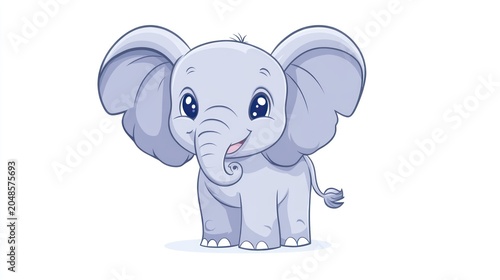 A cartoon baby elephant with large ears and a curly trunk, isolated on white