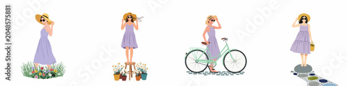 Bild auf Leinwand Collection of four flat illustrations featuring a woman in a lavender summer dress enjoying various outdoor activities like cycling and gardening