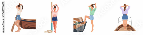 Billede på lærred Set of illustrations showing a young woman in nautical settings, tying her hair while standing on or near wooden boats