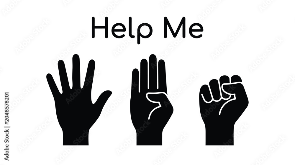 Obraz premium Minimalist black icon illustration showing a hand signal for domestic violence distress with the text help me displayed above the three distinct hand gesture positions printed clearly on white backgro