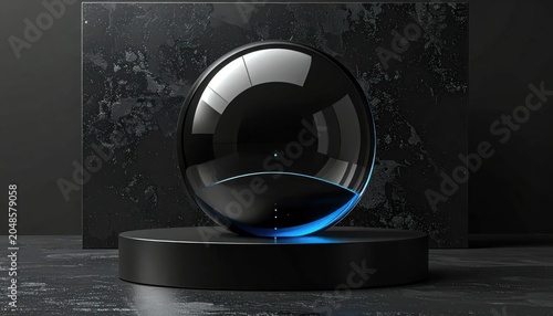 Mysterious Black Orb on Pedestal with Blue Light.
