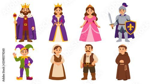Valokuva Medieval character set with king queen princess knight and jester