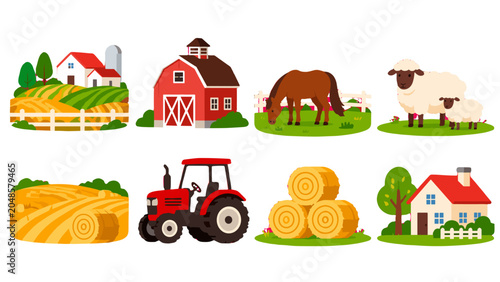 Quadro su tela Farm vector set with barn tractor horse sheep and rural house