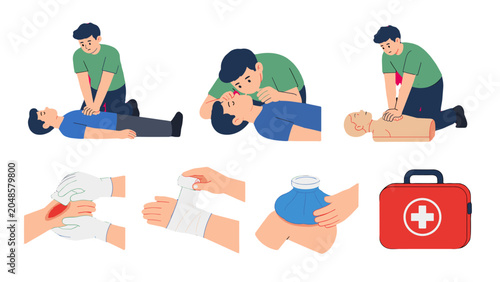 First aid and CPR emergency response steps illustration set