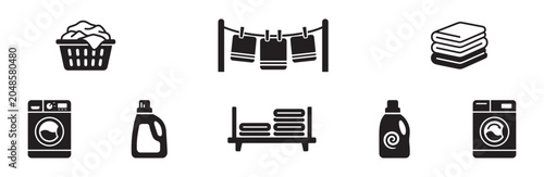 Laundry and clothing care icon set. Washing machine, basket with clothes, drying rack, detergent bottle, towel stack and shelf with towels. Vector illustration.