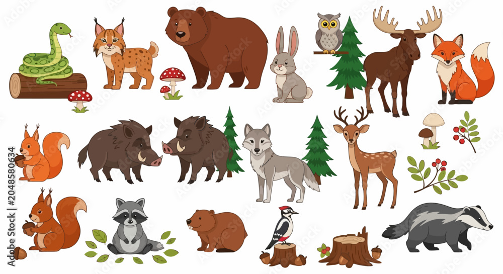 Fototapeta premium colorful forest animals illustrations, wildlife concept, educational background