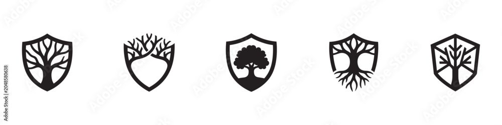 Fototapeta premium Tree and shield logo icon set. Environmental protection, nature security, eco friendly insurance and organic farming symbols. Vector illustration.