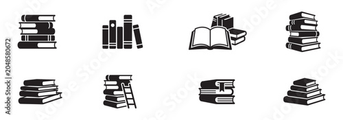 Book stack and library icon set. Textbook pile, literature reading, open book and bookstore symbols. Vector illustration.