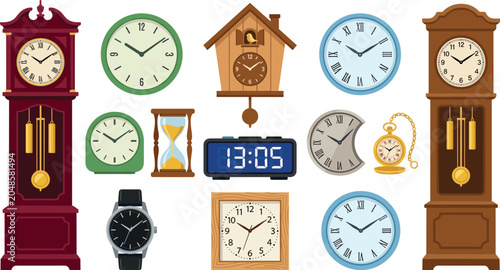 Fotografie Vintage and Modern Clock Collection Vector Set with Grandfather Clocks, Cuckoo C