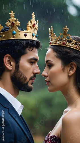 A man and woman in royal crowns face to face in rain