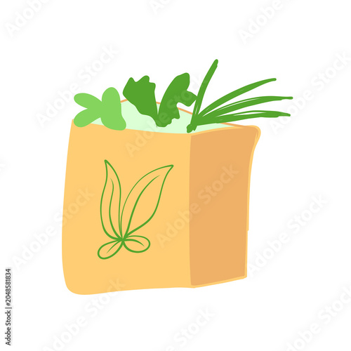 Minimalist Illustration of Green Plants in an Eco friendly Paper Bag