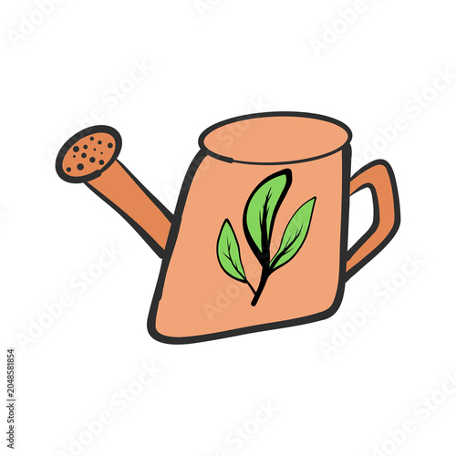 Hand Drawn Watering Can with Leaves Illustration