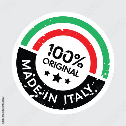 Vintage 100% Original Made in Italy Stamp Badge, Distressed Italian Authenticity Seal with Italian Flag Colors for Packaging and Branding