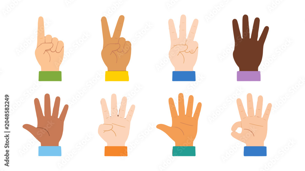 Fototapeta premium Set of cartoon hand counting gestures with diverse skin tones