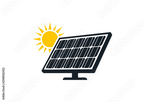 Stylized Solar Panel and Sun Illustration with Bright Yellow Rays in Minimalist Design Representing Renewable Energy, Sustainable Technology and Eco‑Friendly Power Generation Concept
