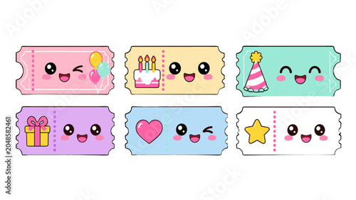 Bild auf Leinwand Set of cute colorful party ticket stubs with kawaii faces