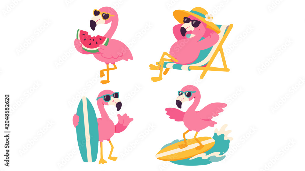 Obraz premium Set of pink flamingo summer vacation cartoon characters