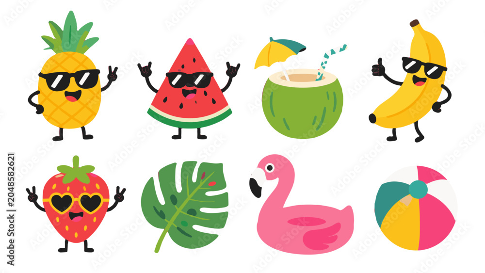 Obraz premium Cute tropical summer cartoon icons set with fruits and beach items
