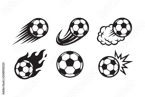 Soccer Ball Motion Effects Set — Six Dynamic Football Icons with Speed Lines, Fire Flames, Smoke Cloud and Explosion Burst Black Vector Illustration
