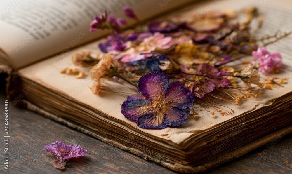 Fototapeta premium Dried flowers on an antique book