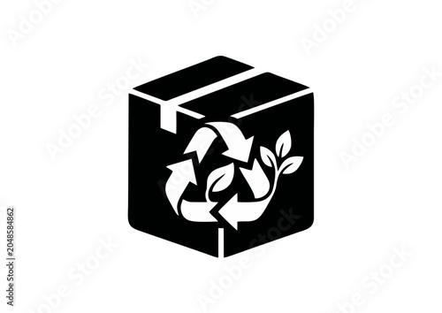 Eco‑Friendly Recyclable Packaging Box Icon with Leaf and Recycling Arrows Symbol in Minimalist Black and White Design Representing Sustainable Product and Environmental Responsibility Concept