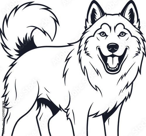 Husky dog silhouette with fluffy coat curled tail and friendly design, decorative artwork vector illustration element for pet, animal, and lifestyle design