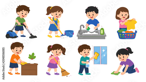 Cartoon children doing household chores set