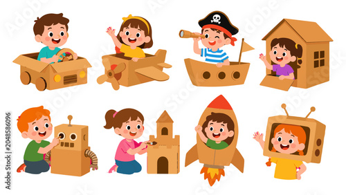 Tableau sur toile Children playing with cardboard box costumes and toys set