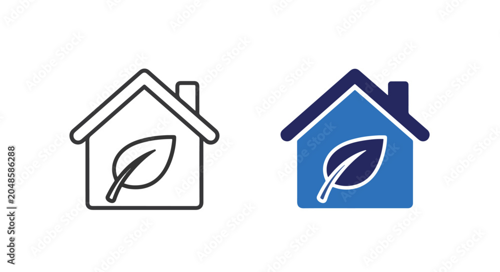 Naklejka premium Eco friendly house leaf building icon: Glyph and solid icon set - Icon vector - logo icons. Blue, Black and white icons
