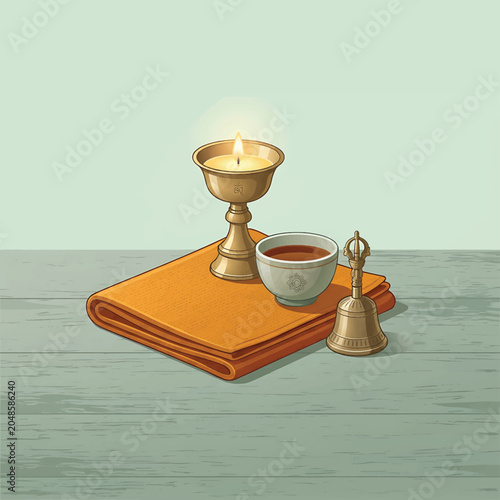 Εκτύπωση καμβά Buddhist prayer ritual with candle and bell.