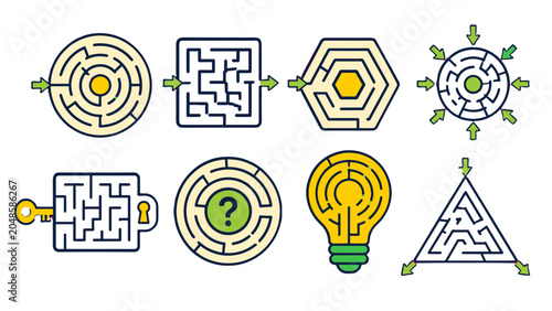 Φωτογραφία Set of maze puzzle icons with circular, square, and hexagon shapes
