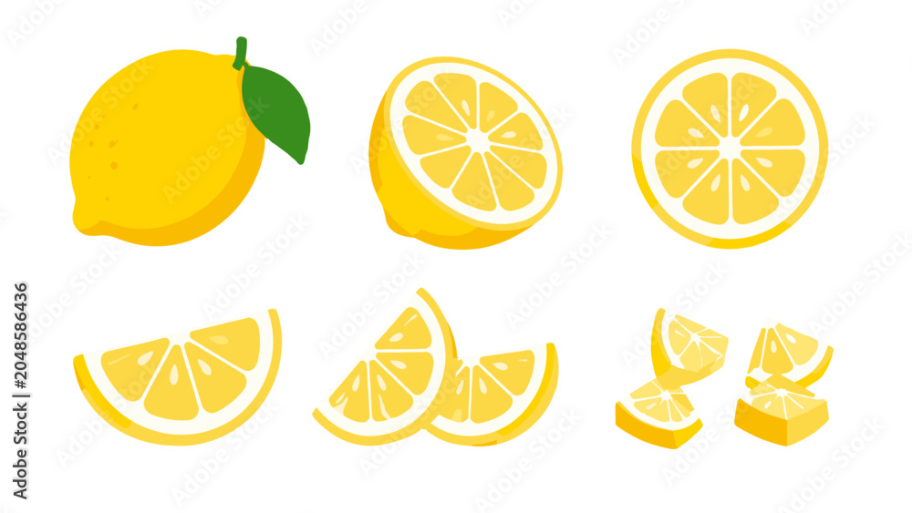 Obraz premium Set of lemon whole fruit and sliced pieces vector illustration