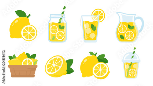 Cuadro en lienzo Set of colorful lemon and lemonade sticker style vector icons